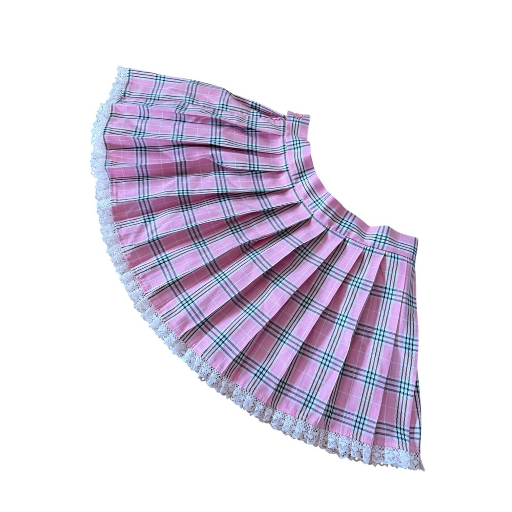 Y2K Kawaii Ouchhh Pink Plaid Pleated Skirt Lace Trim Coquette Preppy Schoolgirl